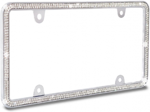 Gray-Black Frame Premium Sparking Rhinestone Metal License Plate Frame+4 Matching Screw Cap+4 Screws JR2 3 Row 710 